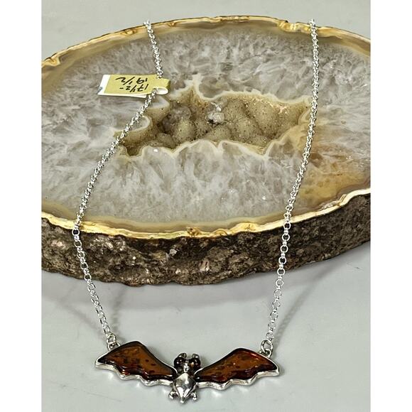 Baltic Amber Bat Wing Pendant -925 Sterling Silver - 17.5-19.5” NEW Gothic - Picture 12 of 16